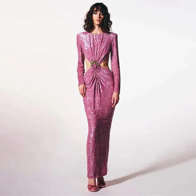 Long Sleeve Sexy Backleess Sequin Party Evening Dress Women Night Reflective Dress