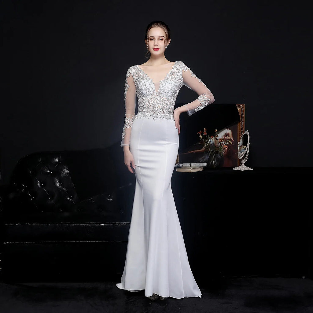 Women Pink Long V-neck Appliques Full Sleeve Evening Dress See through Elegant Party Dress