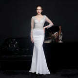 Women Pink Long V-neck Appliques Full Sleeve Evening Dress See through Elegant Party Dress