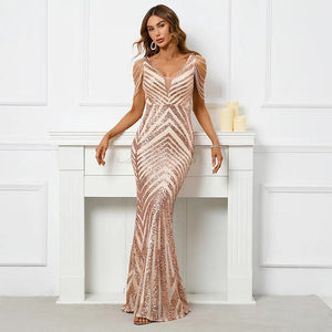 Women Beading Long Prom Dress Deep V Neck Gold Sequin Evening Dress Sexy Party Maxi Dress
