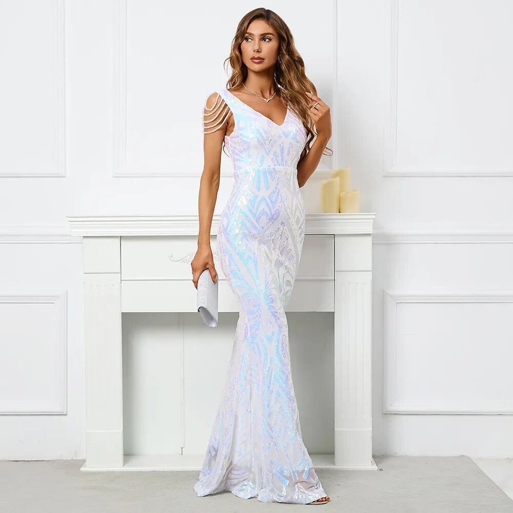 Women Whiite Sequin V Neck Beading Party Maxi Dress Sexy Evening Dress Long Prom Dress