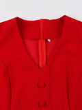 Vintage Retro Women Red Solid Dress Party Evening Elegant V-Neck Button Front Short Sleeve Summer Belted Swing Dress