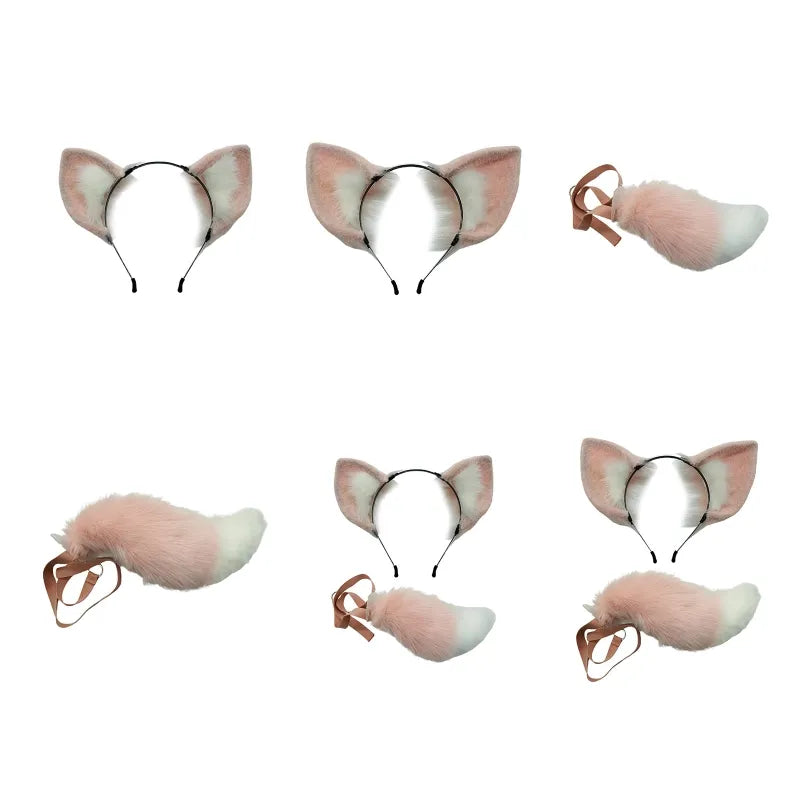 Long Fur Fox Ears Anime Cosplay Headband Hairband with Plush Tail Halloween Cosplay Party Costume for Kids Anime Lover