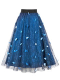 Floral Mesh Overlay Vintage Skirt with 3D Butterfly Women Elastic Waist Elegant Going Out Female Long Skirts