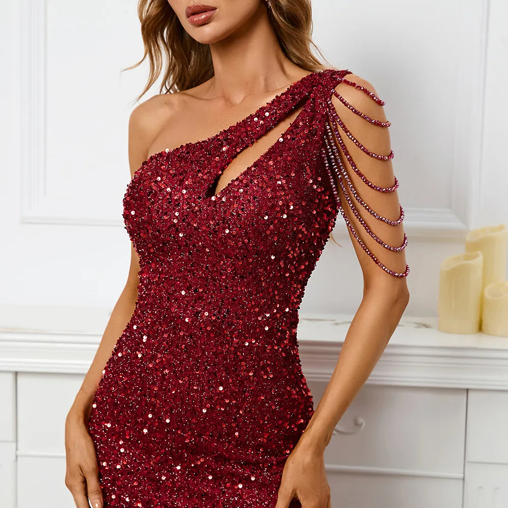 Sexy Slit Burgundy Sequin Women One Shoulder Beading Long Evening Party Maxi Dress