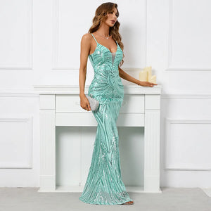Women Strap Party Maxi Dress Sexy V Neck Evening Light Green Sequin Long Prom Dress
