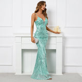 Women Strap Party Maxi Dress Sexy V Neck Evening Light Green Sequin Long Prom Dress
