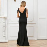 Candy Color Women Beading Party Maxi Dress Black Soft Satin Sexy V Neck Evening Dress Long Bridesmaid Dress