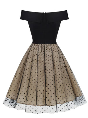 Off Shoulder Sexy Evening Gowns for Women Elegant Party 50s Robe Vintage Dot Mesh Overlay Pleated Midi Dress