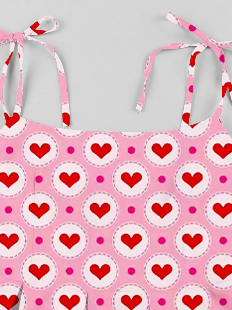 Heart Print Pink Women Vintage Dress Knot Strap Backless Summer Evening Cocktail Party Knee Length Pleated Dresses
