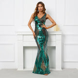 Sexy V Neck Stretch Green Sequin Evening Dress Elegant Sleeveless Party Maxi Dress Long Prom Dress