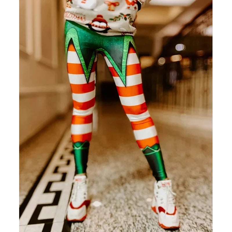 New Year Women's Christmas Ladies Capris Stripe High Waist 3D Print Leggings Tights Sexy Xmas Party Trousers