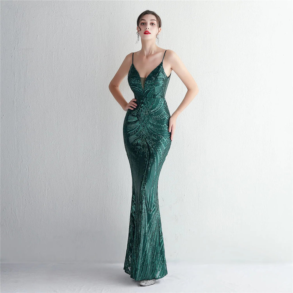 Women Strap Party Maxi Dress Light Green Sexy V Neck Evening Dress Sequin Long Prom Dress