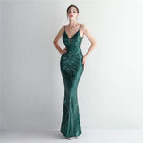 Women Strap Party Maxi Dress Light Green Sexy V Neck Evening Dress Sequin Long Prom Dress