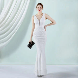 Women Deep V Neck White Sequin Dress Long Prom Evening Dress Sexy Party Maxi Dress