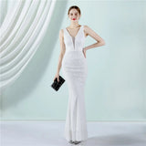 Women Deep V Neck White Sequin Dress Long Prom Evening Dress Sexy Party Maxi Dress