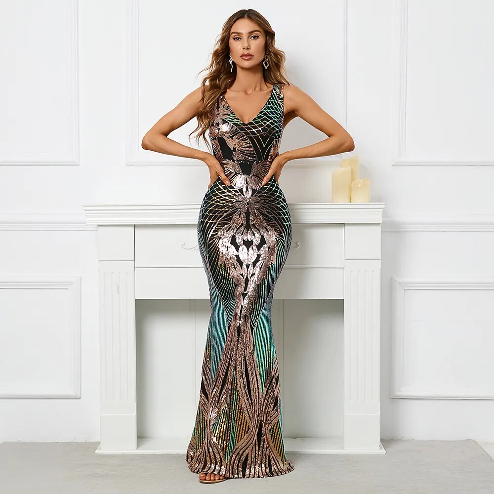 Sexy V Neck Stretch Sequin Evening Dress Elegant Sleeveless Party Maxi Dress Long Prom Dress
