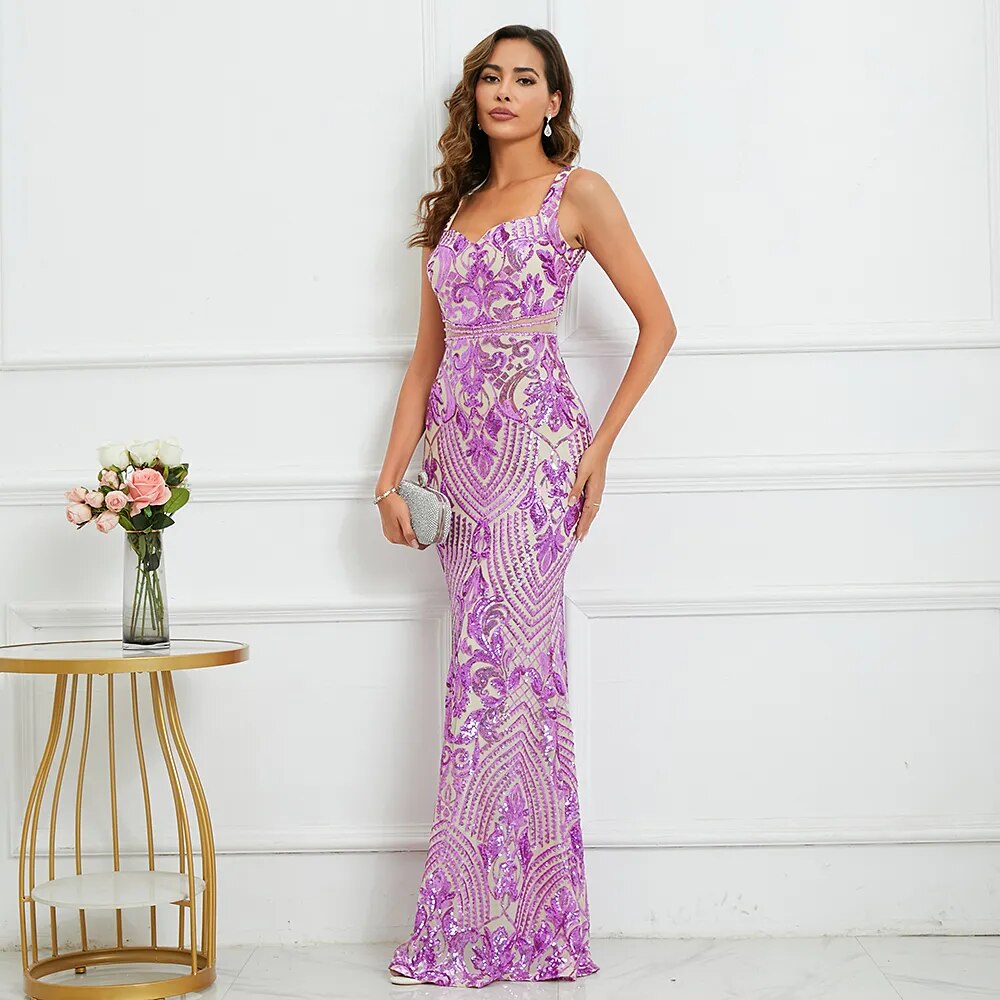 Strap Sequin Evening Sleeveless Sexy Beading Party Maxi Dress Long Prom Dress