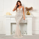 Women Navy Sequin Strap Party Maxi Dress Sexy V Neck Evening Navy Sequin Long Prom Dress