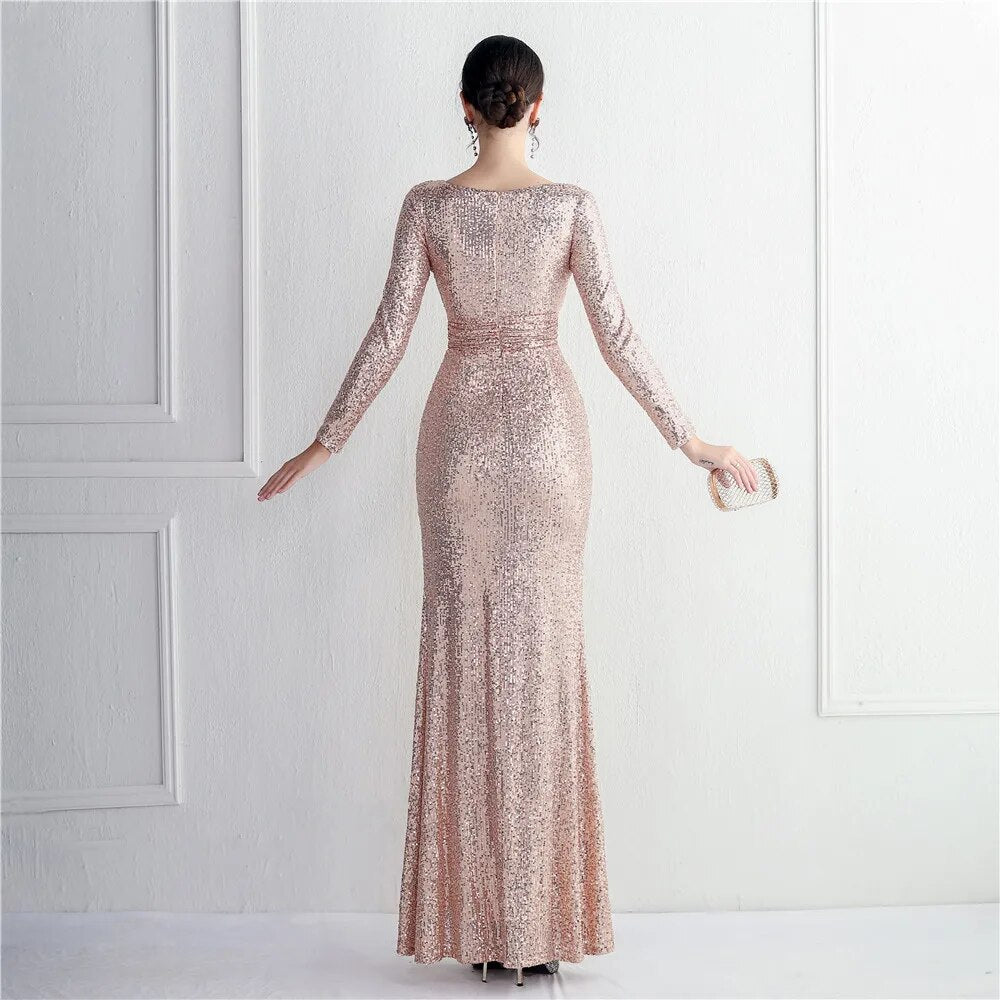 Sexy Slit Party Maxi Dress Silver Sequin Evening Dress Women Long Sleeve Prom Dress