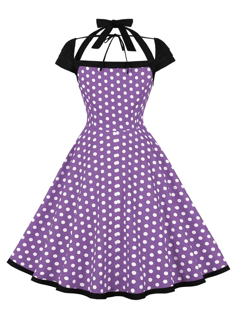 Women Pinup 1950s Vintage Polka Dot Dress Halter Cap Sleeve Button Front Evening Party Rockabilly Ladies Dresses