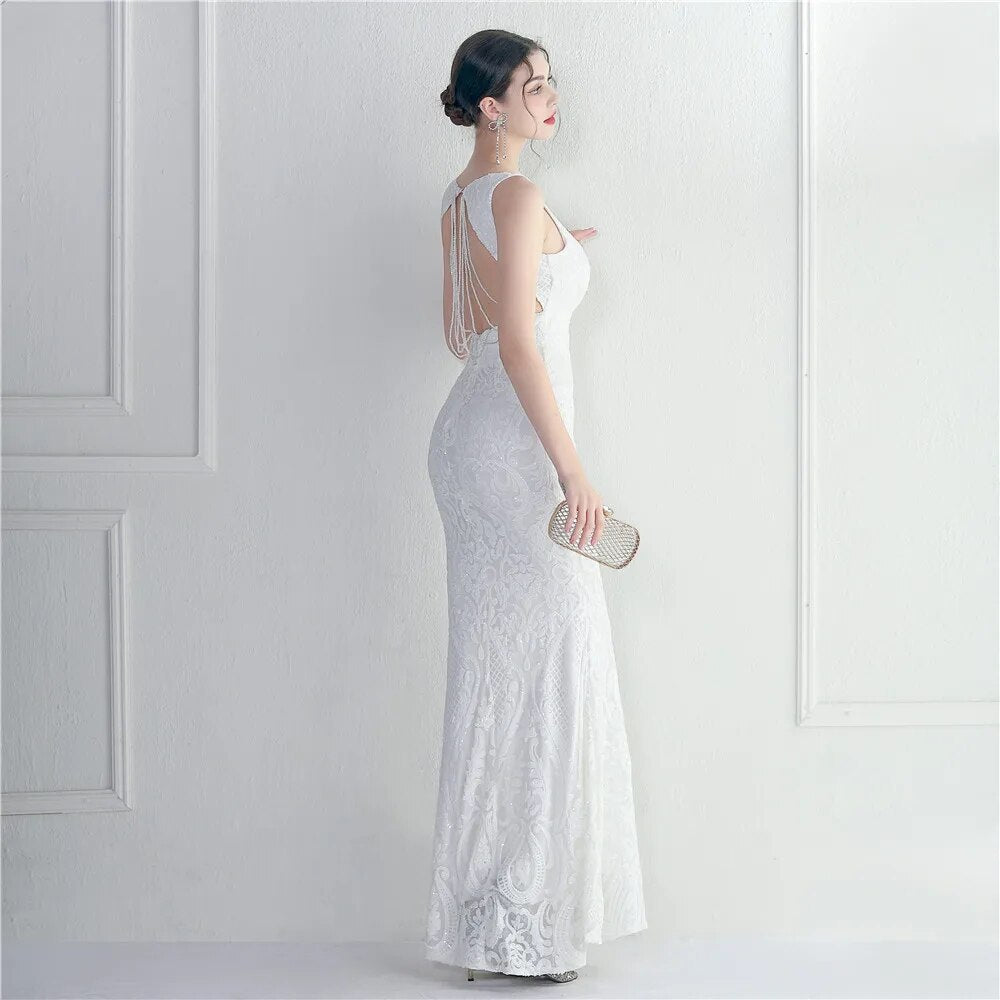 Backless Beading White Sequin Evening Dress New Women Party Maxi Dress Long Prom Dress