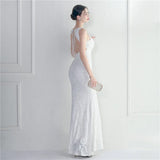 Backless Beading White Sequin Evening Dress New Women Party Maxi Dress Long Prom Dress