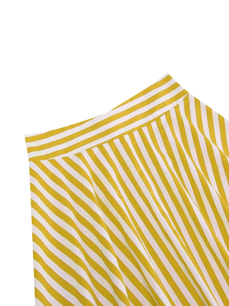 Striped Vintage A Line Skirts for Women 95% Cotton Elegant Summer Midi Swing Retro Skirt