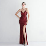 Women Backless Navy Sequin Strap Beading Party Maxi Dress Sexy Slit Evening Dress Long Prom Dress