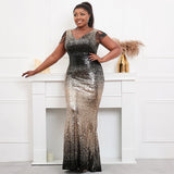Plus Size Women Black Gold Sequin Beading Evening Dress Elegant V Neck Party Maxi Dress Long Prom Dress