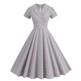 1950s Vintage Hepburn Summer Women England Short Sleeve Plaid Print Sundress Swing Pinup Cocktail Runway Midi Dress