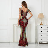 Women Beading Long Evening Dress Sexy V Neck Burgundy Sequin Party Maxi Dress