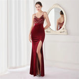 Strap Velour Sexy Slit Sequin Evening Dress Women's Party Maxi Dress Long Prom Dress