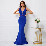 Sexy V Neck Beading Party Maxi Dress Blue Color See Through Long Evening Prom Dress
