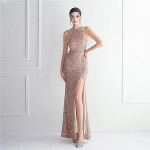 Off Shoulder Long Beading Gold Sequin Dress Sexy Slit Party Women Evening Dress