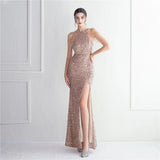 Off Shoulder Long Beading Gold Sequin Dress Sexy Slit Party Women Evening Dress
