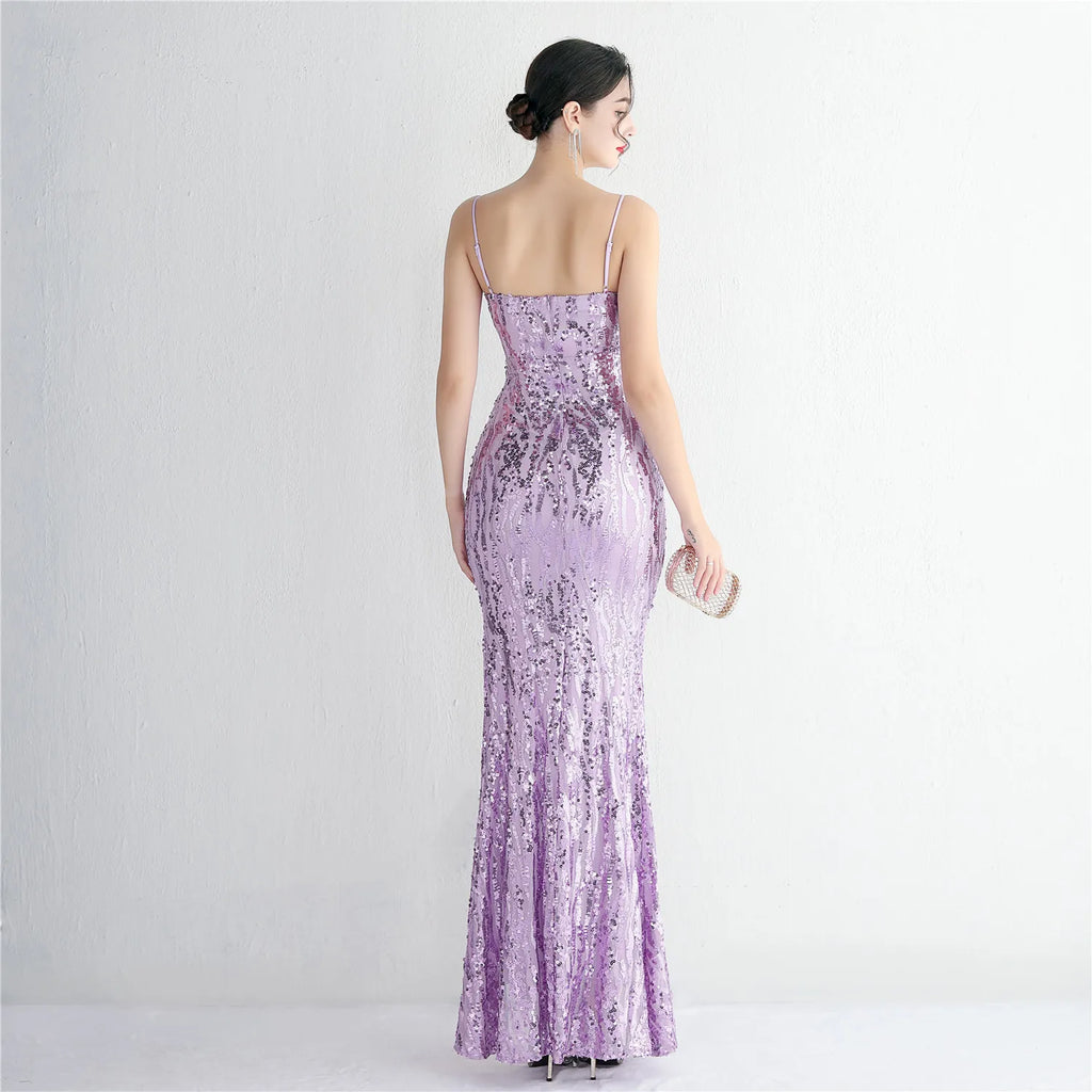Women Sexy Slit Party Maxi Dress Strap V Neck Evening Dress Pink Sequin Dress Long Prom Dress