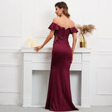 Soft Satin See Through Appliques Beading Long Evening Dress Elegant Off Shoulder Party Maxi Long Prom Dress