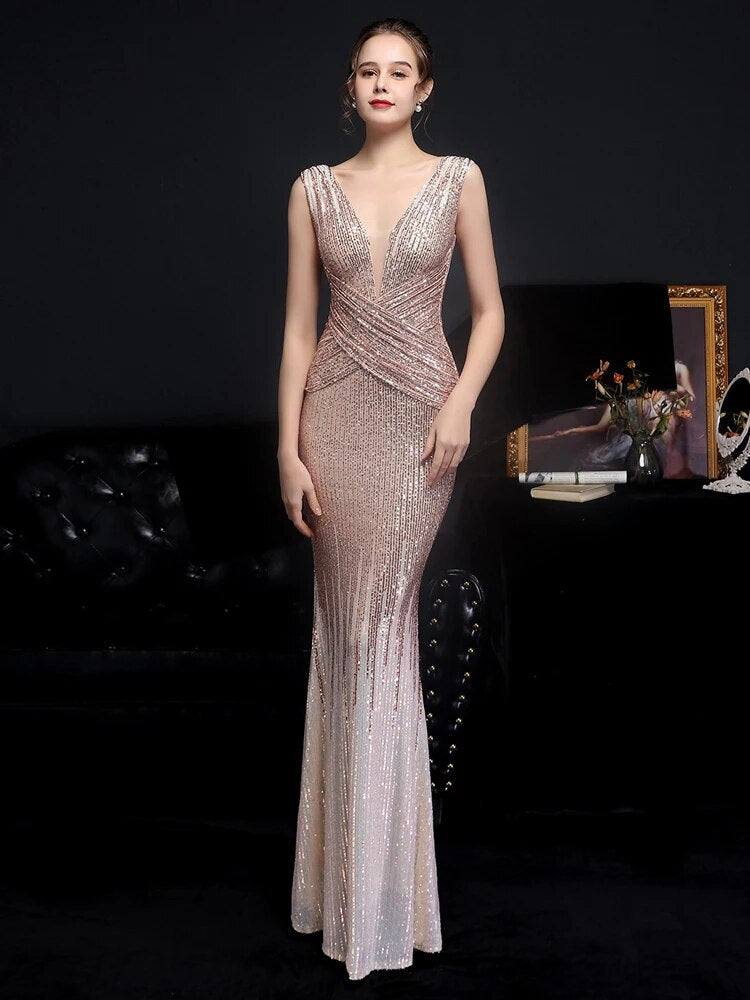 Elegant Party Maxi Dress Gold Sequin Evening Dress Women Long Sleeve Prom Dress