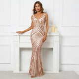 Women Beading Long Prom Dress Deep V Neck Gold Sequin Evening Dress Sexy Party Maxi Dress