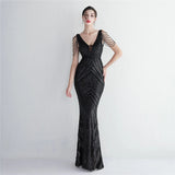 Women Beading Long Prom Deep V Neck Black Sequin Evening Dress Sexy Party Maxi Dress