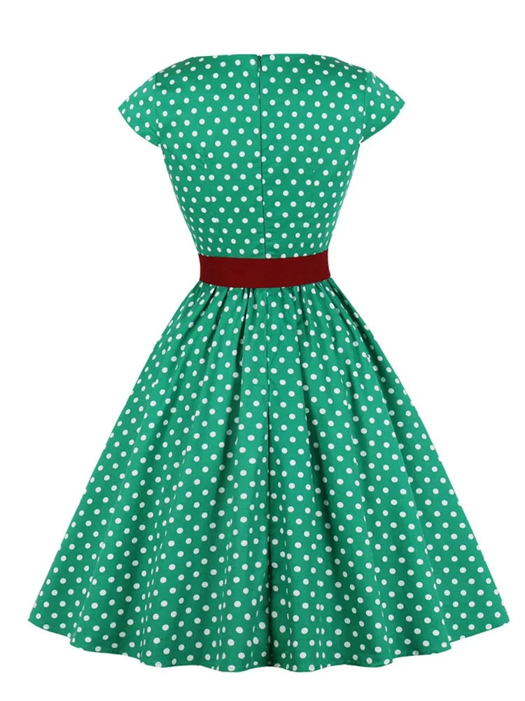 Green Retro Polka Dot 1950s Rockabilly Pleated Belted Dress Cap Sleeve Summer Women High Waist Vintage Dresses