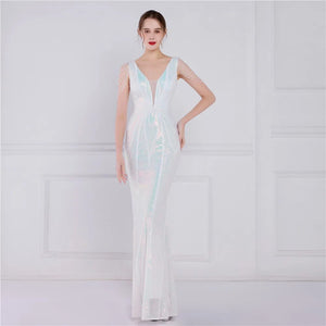 Women White Beading Long Evening Dress Deep V Neck Sequin Prom Sexy Party Maxi Dress