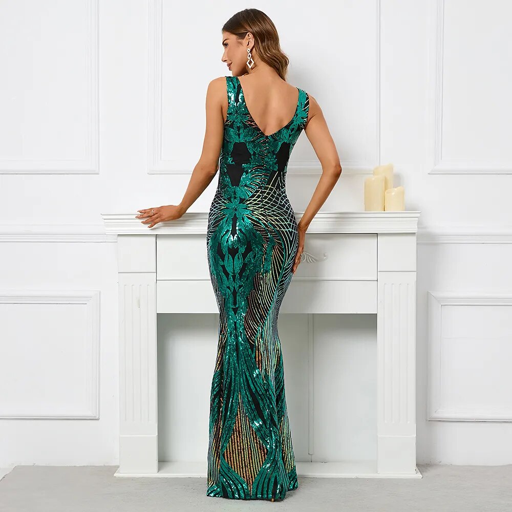Sexy V Neck Stretch Green Sequin Evening Dress Elegant Sleeveless Party Maxi Dress Long Prom Dress