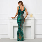 Sexy V Neck Stretch Green Sequin Evening Dress Elegant Sleeveless Party Maxi Dress Long Prom Dress