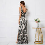 Women Gold Sequin Party Maxi Dress Sexy V Neck Slit Evening Dress Long Prom Dress