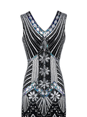 1920s Party Women Flapper Dress V-Neck Sleeveless Sequin and Beaded High Waist Evening Cocktail Midi Dresses
