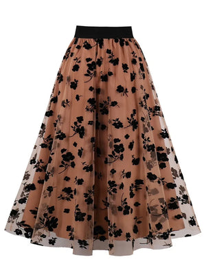 Elegant Flocked Floral Mesh Long Skirts for Women Vintage Summer Streetwear High Waist A Line Casual Skirt