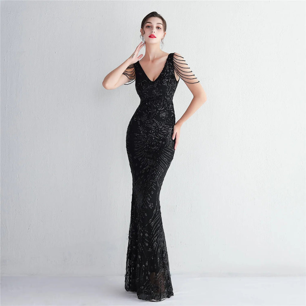 Women Beading Long Prom Dress V Neck Red Sequin Evening Sexy Party Maxi Dress