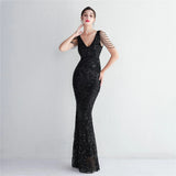 Women Beading Long Prom Dress V Neck Red Sequin Evening Sexy Party Maxi Dress